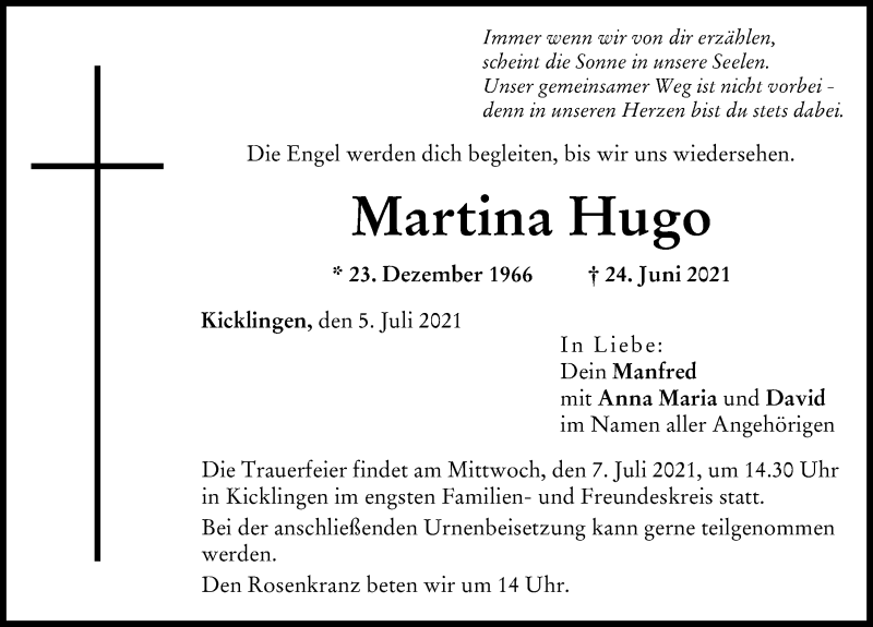 Traueranzeige von Martina Hugo von Donau Zeitung