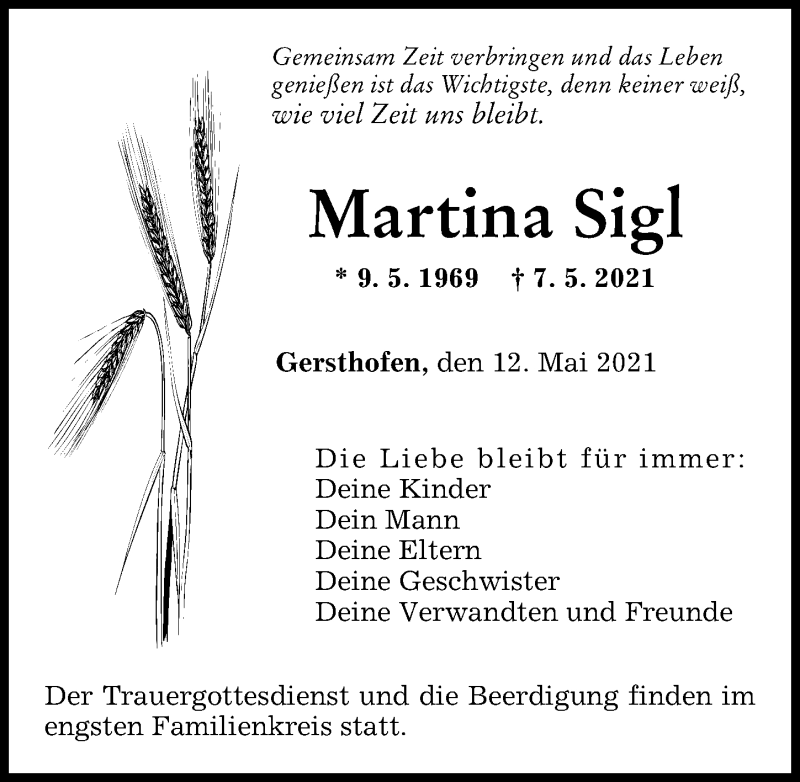 Traueranzeige von Martina Sigl von Augsburger Allgemeine