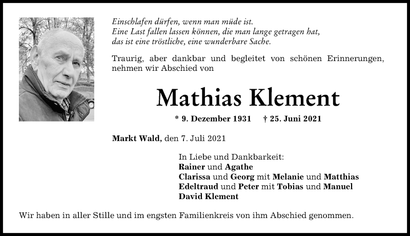 Traueranzeige von Mathias Klement von Mindelheimer Zeitung