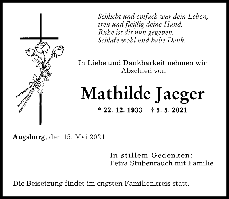 Traueranzeige von Mathilde Jaeger von Augsburger Allgemeine