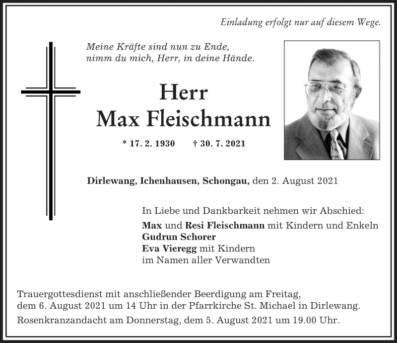 Traueranzeige von Max Fleischmann von Mindelheimer Zeitung