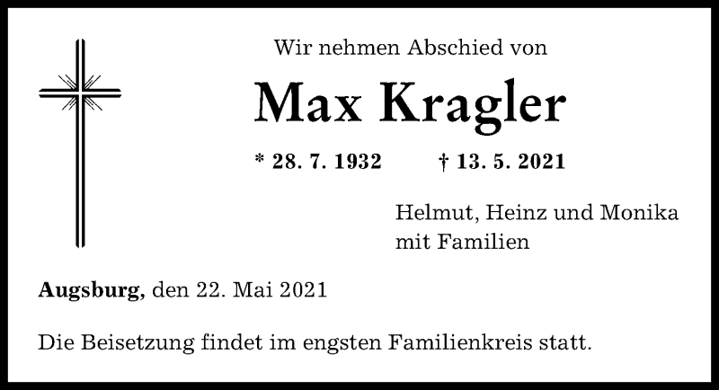 Traueranzeige von Max Kragler von Augsburger Allgemeine