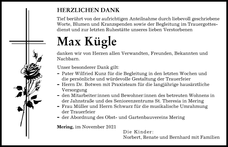 Traueranzeige von Max Kügle von Friedberger Allgemeine, Augsburger Allgemeine