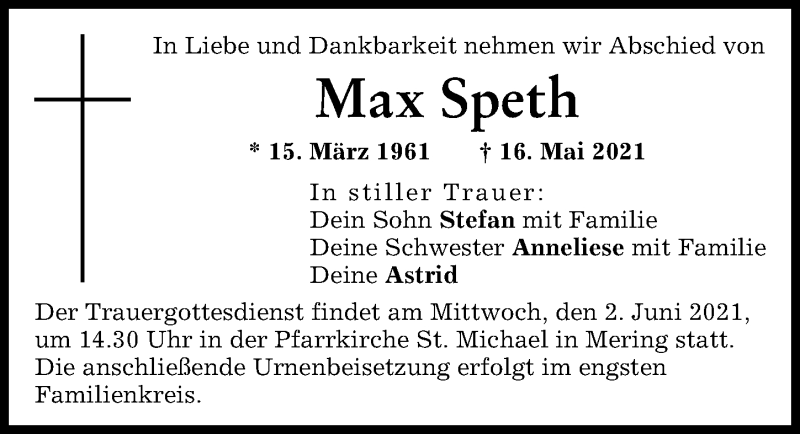 Traueranzeige von Max Speth von Friedberger Allgemeine