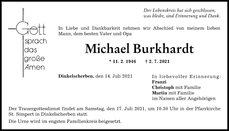 Traueranzeige von Michael Burkhardt von Augsburger Allgemeine