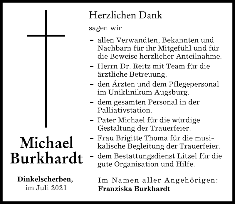 Traueranzeige von Michael Burkhardt von Augsburg-Land