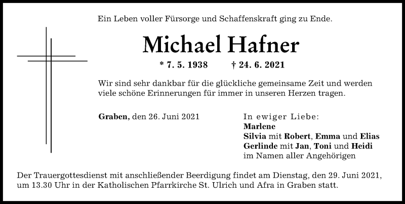  Traueranzeige für Michael Hafner vom 26.06.2021 aus Augsburger Allgemeine