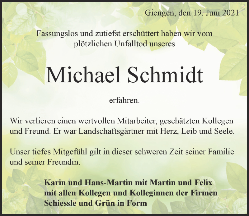 Traueranzeige für Michael Schmidt vom 19.06.2021 aus Donau Zeitung