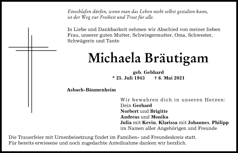 Traueranzeige von Michaela Bräutigam von Donauwörther Zeitung