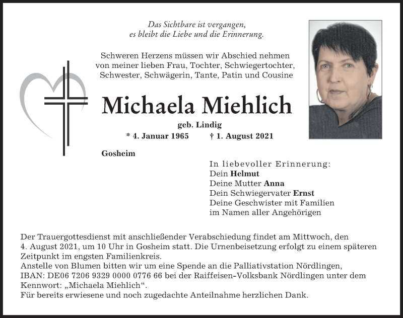 Traueranzeige von Michaela Miehlich von Donauwörther Zeitung