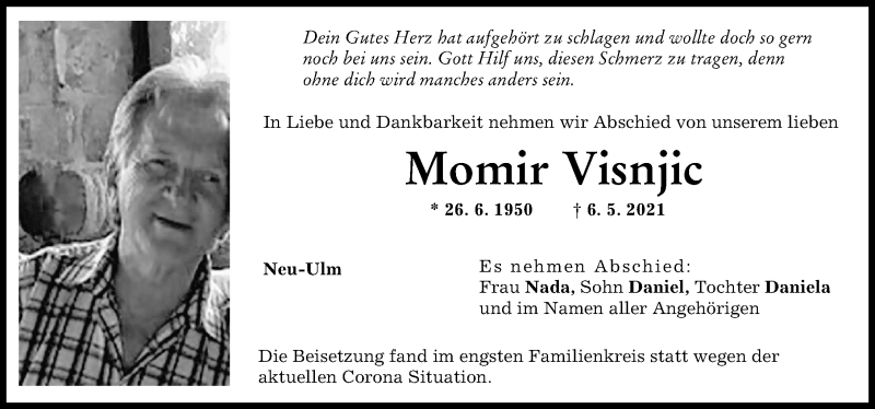 Traueranzeige von Momir Visnjic von Neu-Ulmer Zeitung