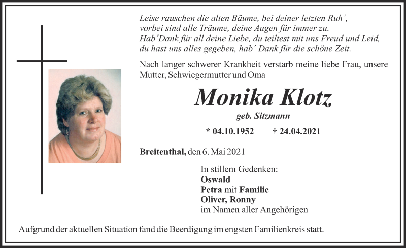 Traueranzeige von Monika Klotz von Schwabmünchner Allgemeine, Mittelschwäbische Nachrichten