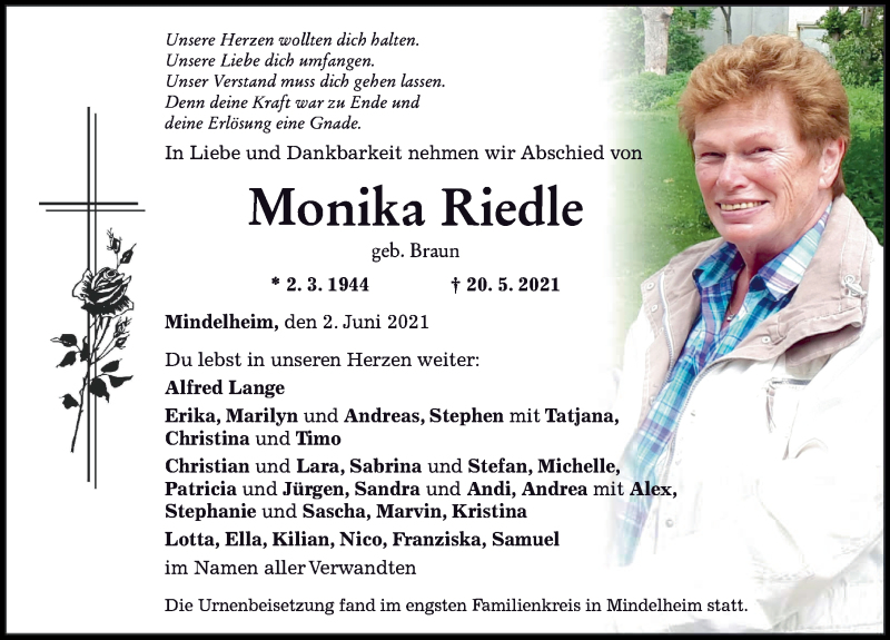 Traueranzeige von Monika Riedle von Mindelheimer Zeitung