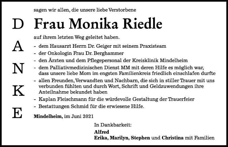 Traueranzeige von Monika Riedle von Mindelheimer Zeitung