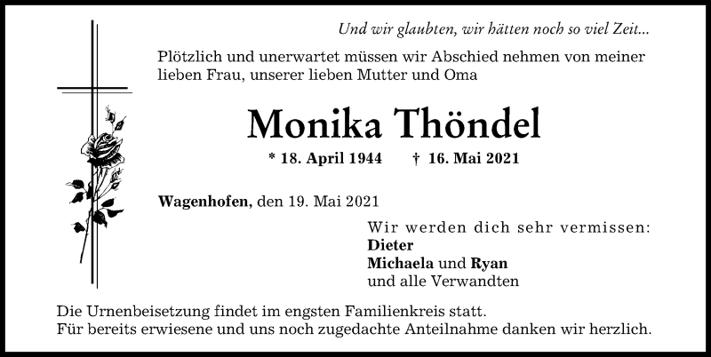 Traueranzeige von Monika Thöndel von Neuburger Rundschau