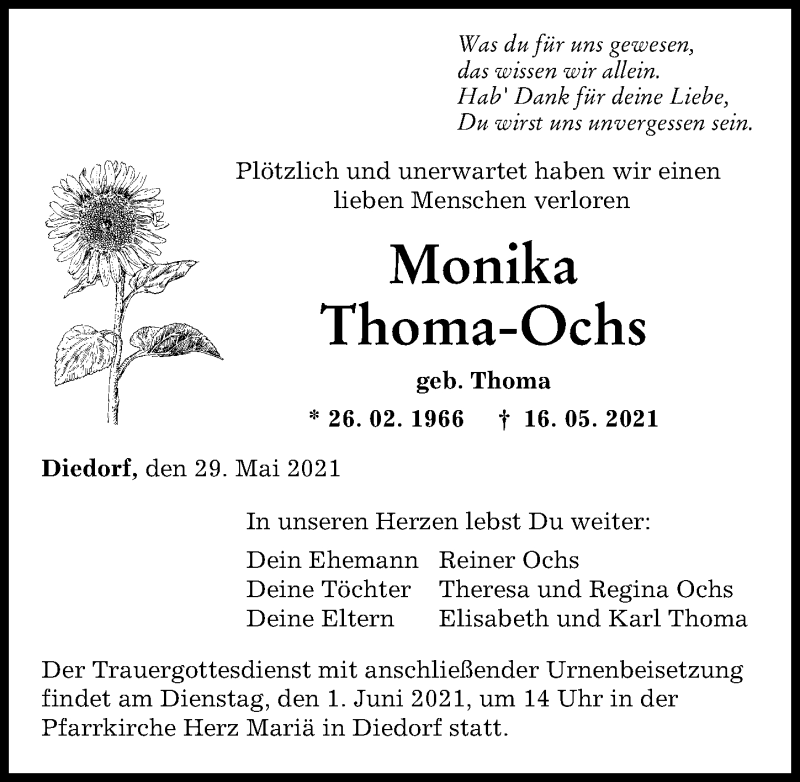 Traueranzeige von Monika Thoma-Ochs von Augsburger Allgemeine