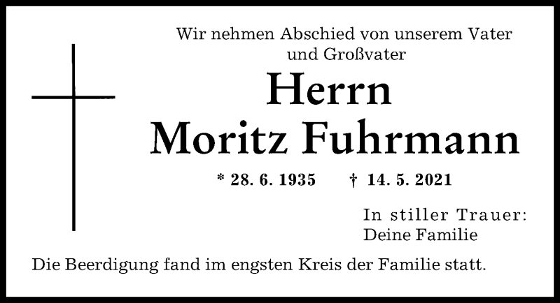 Traueranzeige von Moritz Fuhrmann von Augsburger Allgemeine