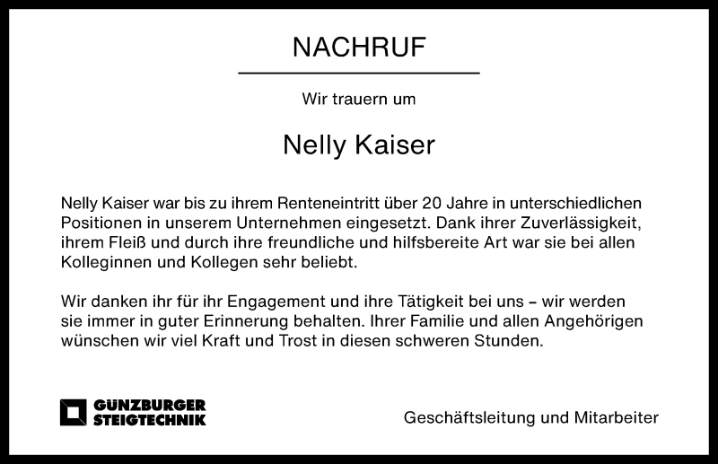 Traueranzeige von Nelly Kaiser von Günzburger Zeitung