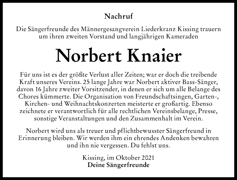 Traueranzeige von Norbert Knaier von Friedberger Allgemeine