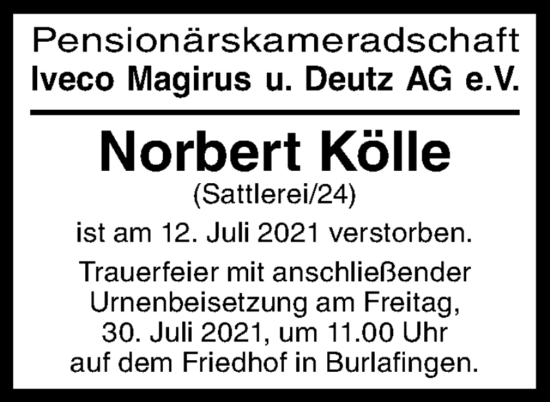 Traueranzeige von Norbert Kölle von Illertisser Zeitung, Günzburger Zeitung, Neu-Ulmer Zeitung