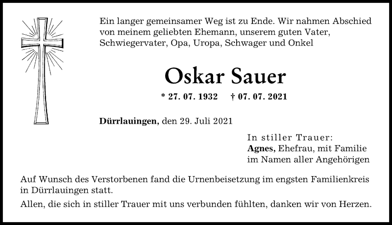 Traueranzeige von Oskar Sauer von Günzburger Zeitung