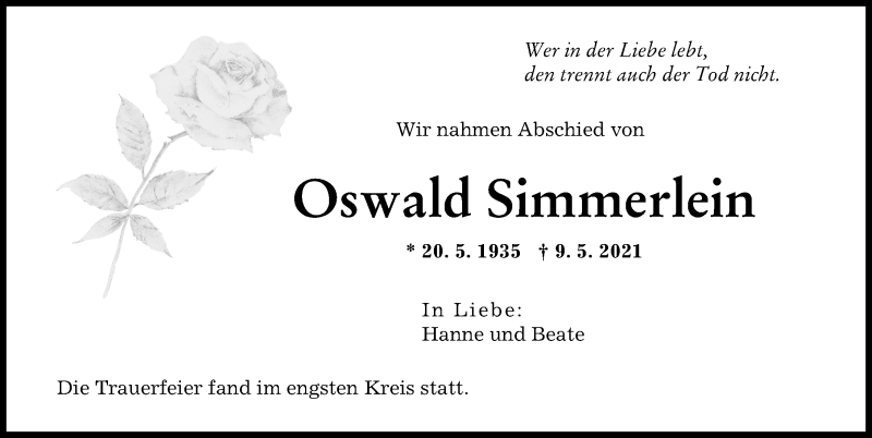 Traueranzeige von Oswald Simmerlein von Augsburger Allgemeine