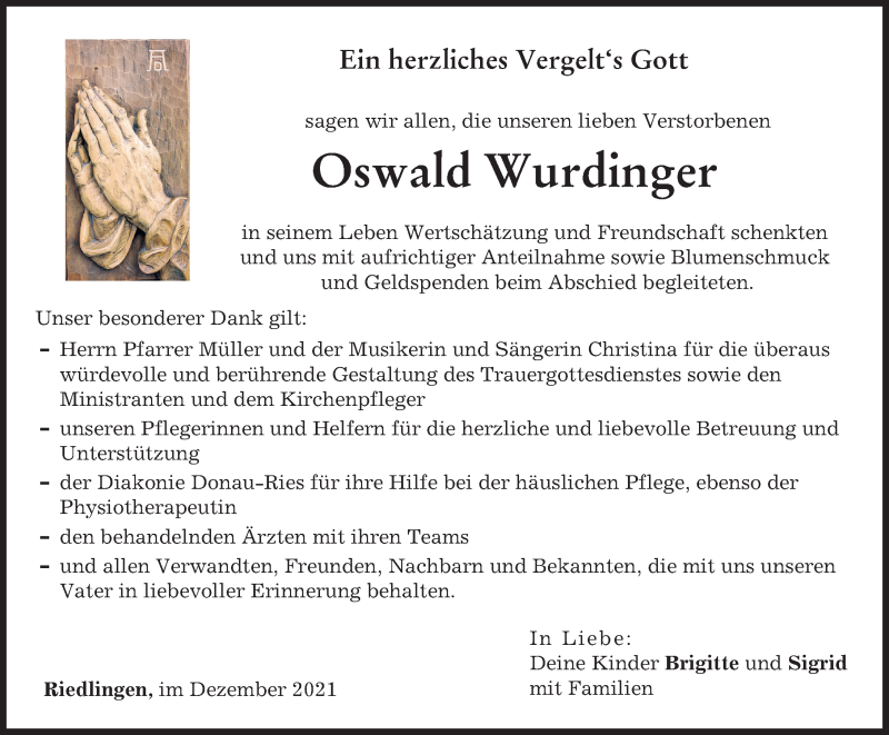  Traueranzeige für Oswald Wurdinger vom 24.12.2021 aus Donauwörther Zeitung