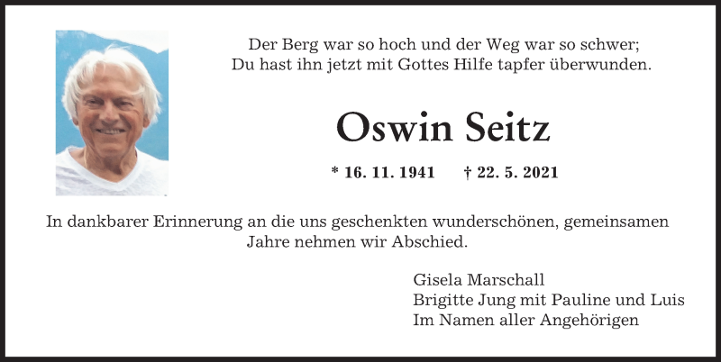 Traueranzeige von Oswin Seitz von Augsburger Allgemeine