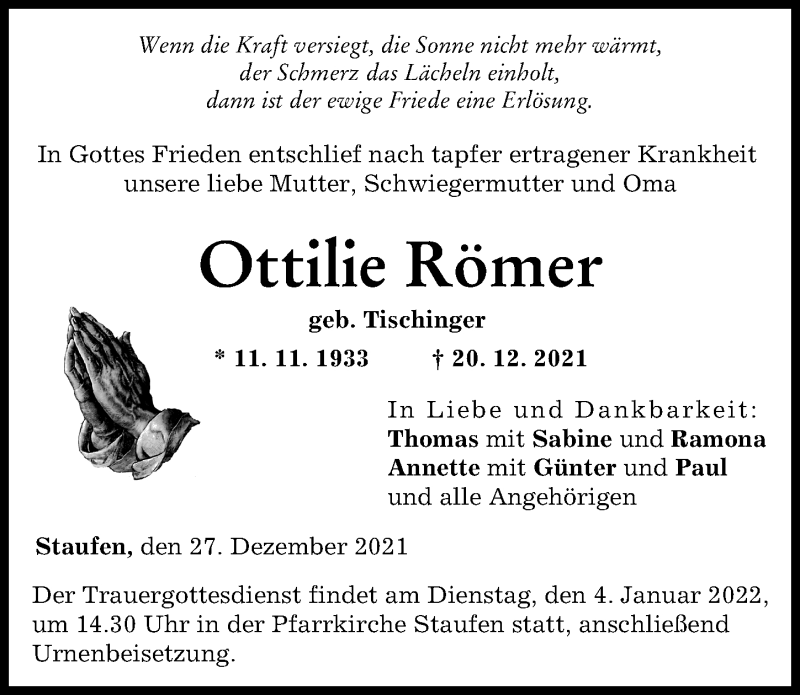 Traueranzeige von Ottilie Römer von Donau Zeitung