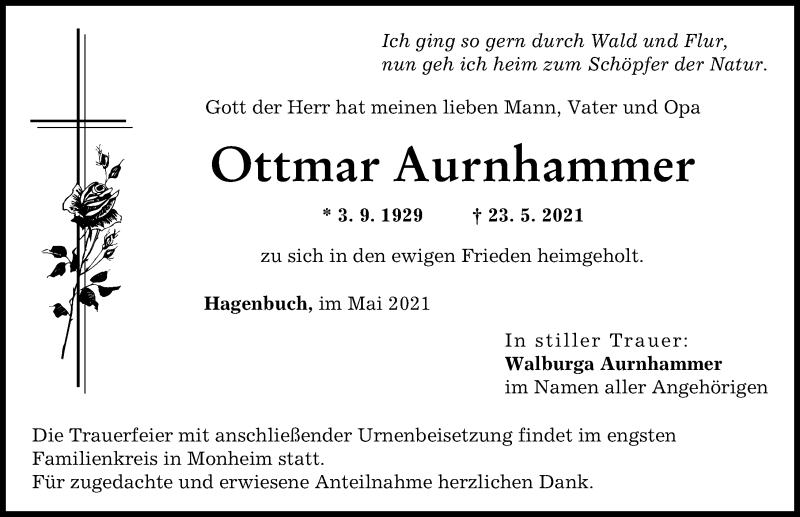 Traueranzeige von Ottmar Aurnhammer von Donauwörther Zeitung