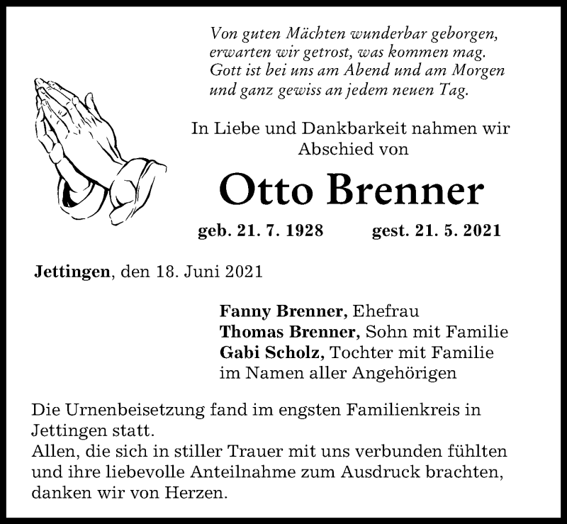 Traueranzeige von Otto Brenner von Günzburger Zeitung