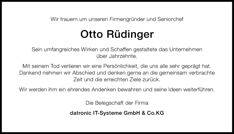 Traueranzeige von Otto Rüdinger von Augsburger Allgemeine