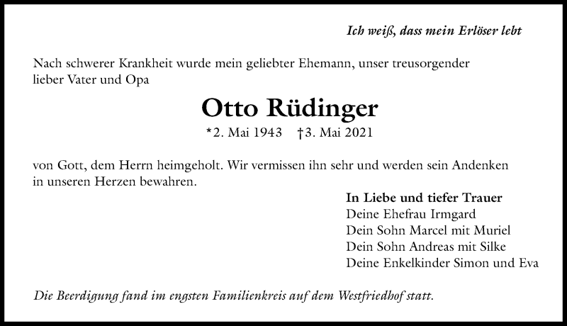 Traueranzeige von Otto Rüdinger von Augsburger Allgemeine