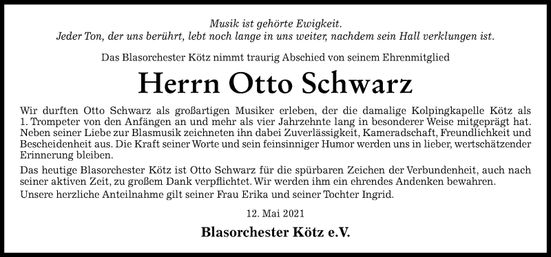 Traueranzeige von Otto Schwarz von Günzburger Zeitung