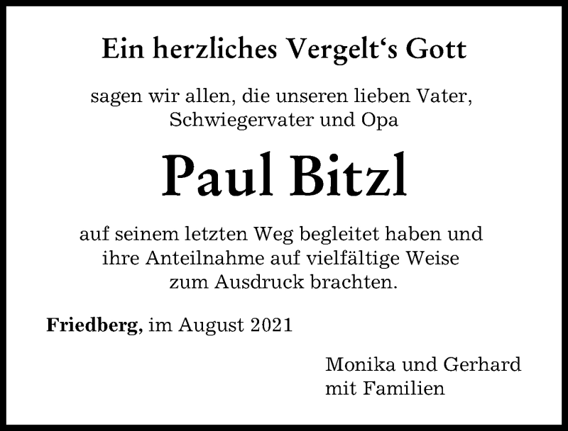 Traueranzeige von Paul Bitzl von Friedberger Allgemeine, Augsburger Allgemeine