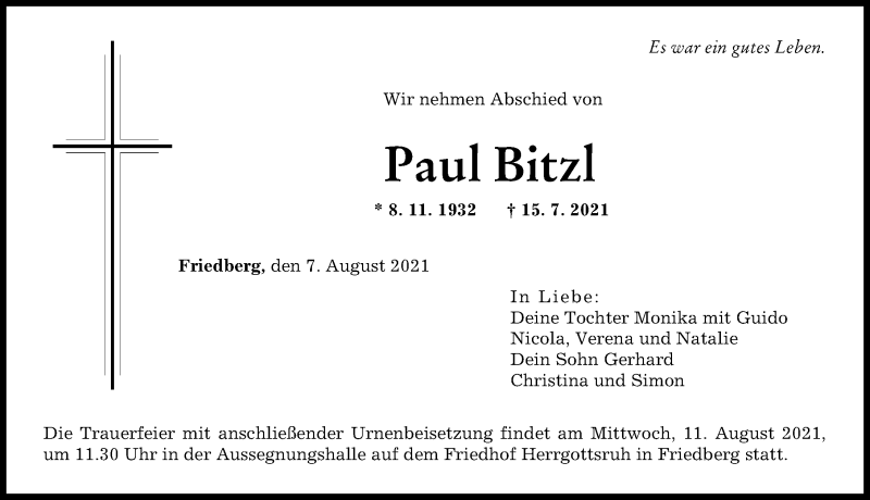 Traueranzeige von Paul Bitzl von Friedberger Allgemeine, Augsburger Allgemeine