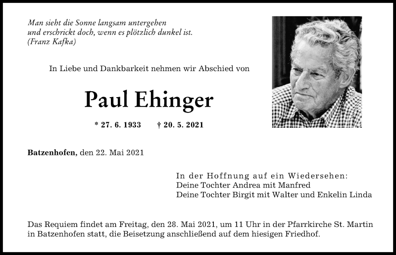 Traueranzeige von Paul Ehinger von Augsburger Allgemeine