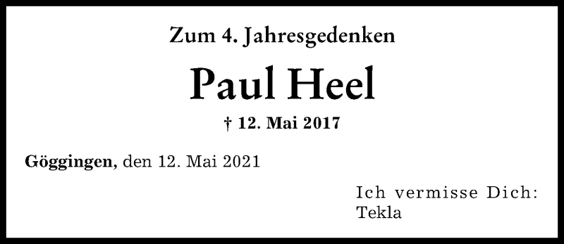 Traueranzeige von Paul Heel von Augsburger Allgemeine