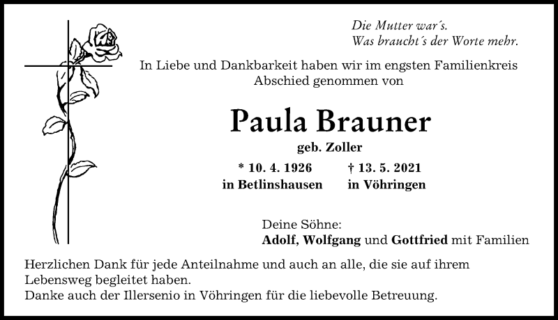 Traueranzeige von Paula Brauner von Illertisser Zeitung