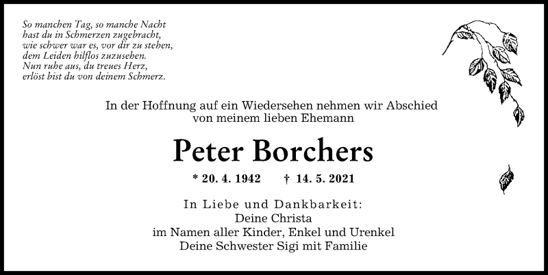 Traueranzeige von Peter Borchers von Augsburger Allgemeine