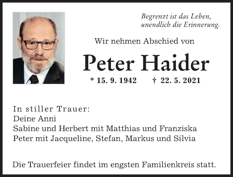 Traueranzeige von Peter Haider von Augsburger Allgemeine