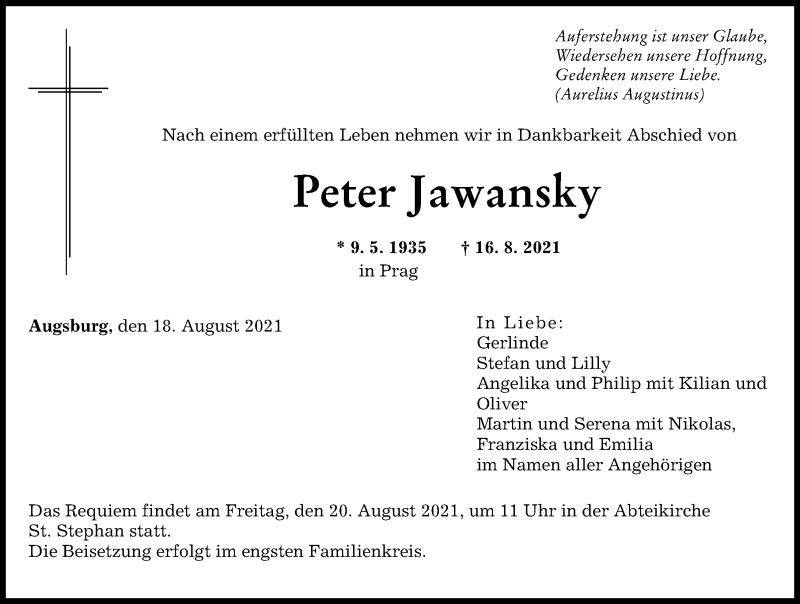 Traueranzeige von Peter Jawansky von Augsburger Allgemeine