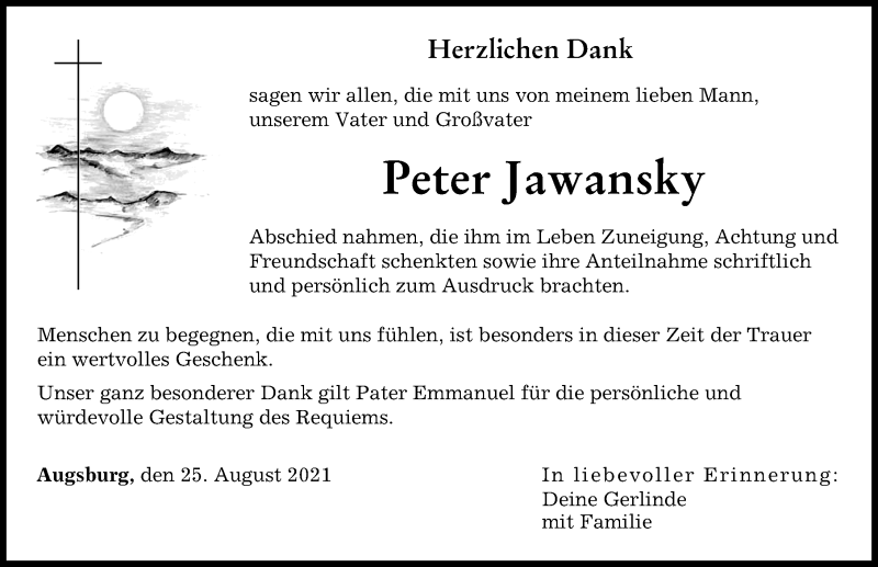 Traueranzeige von Peter Jawansky von Augsburger Allgemeine