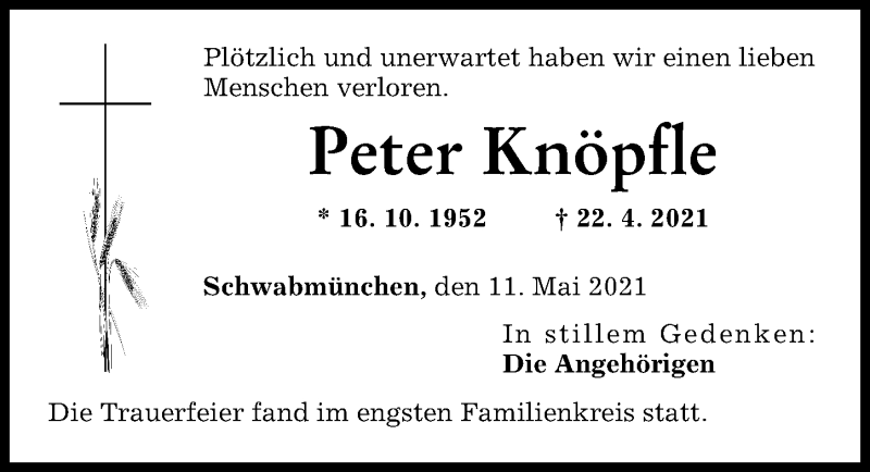 Traueranzeige von Peter Knöpfte von Schwabmünchner Allgemeine