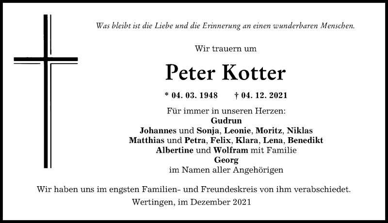 Traueranzeige von Peter Kotter von Wertinger Zeitung