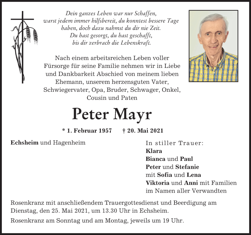 Traueranzeige von Peter Mayr von Neuburger Rundschau, Aichacher Nachrichten