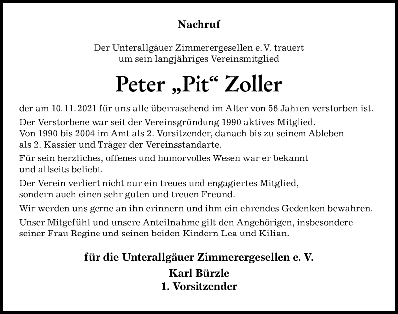 Traueranzeige von Peter Zoller von Memminger Zeitung