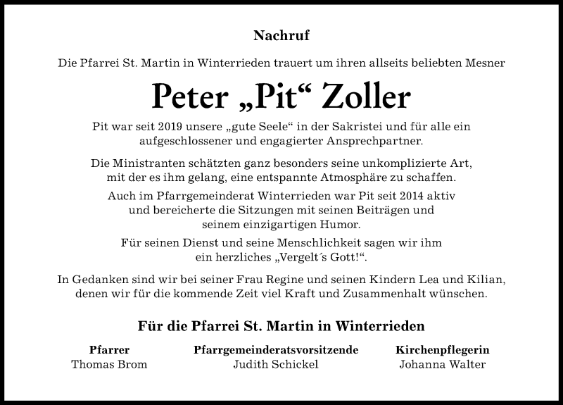 Traueranzeige von Peter Zoller von Illertisser Zeitung