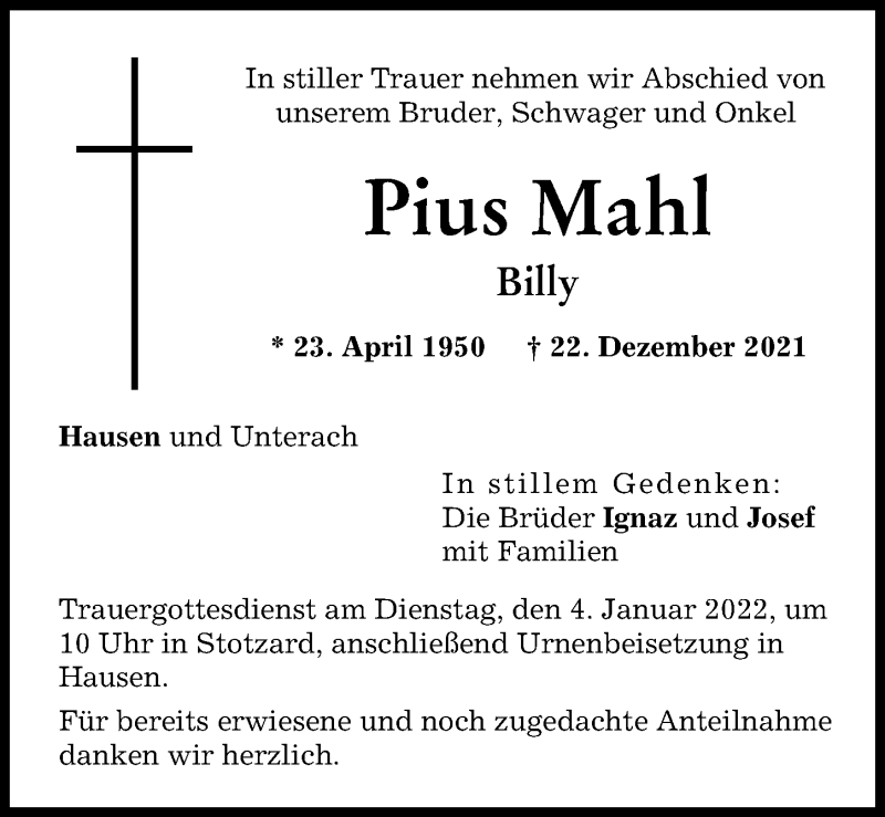 Traueranzeige von Pius Mahl von Aichacher Nachrichten