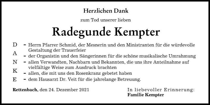  Traueranzeige für Radegunde Kempter vom 24.12.2021 aus Günzburger Zeitung